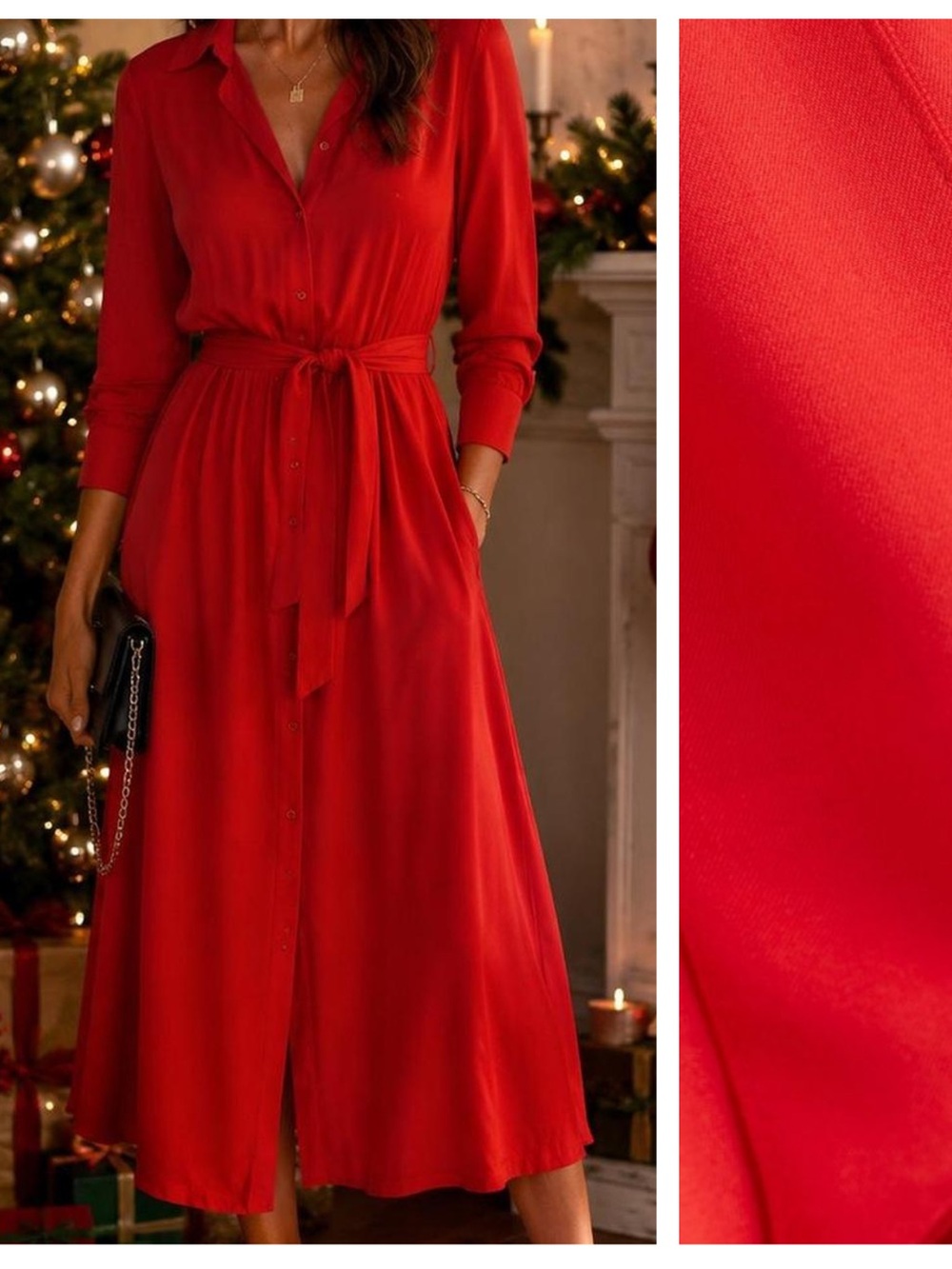 H&M Red Button-Front Maxi Shirt Dress with Waist Tie